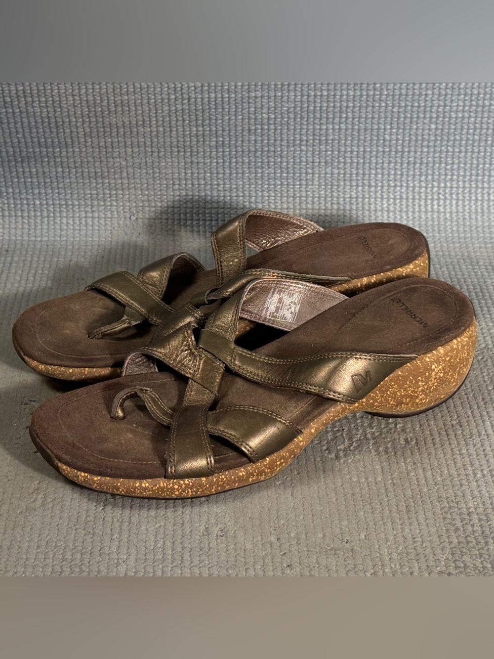 Merrell Sundial Antique Brass Leather‎ Comfort Cork Thong Sandals Women’s Size 8